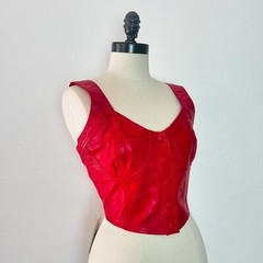 DEADSTOCK SANZZINI 1990’s 90s Red Leather Ruched Back Crop Bustier Top L 38-42