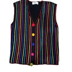 Lisa International Vintage 90s Rainbow Stripe Knit Vest Colorful Buttons BLK