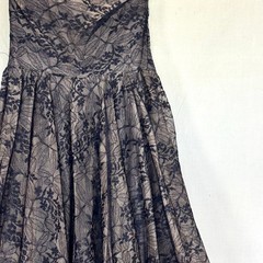 Vintage 1950s Navy Pink Floral Net Lace Tulle Halter Party Dress Velvet Bows