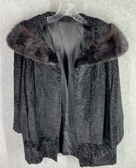 VTG Black Persian Lamb Broadtail Coat Mink Fur Collar Glam Classic S/M Old Money