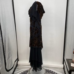 Vtg Barbara Katz Evening Dress Womens Sz 8 Black Brown Silk Maxi Burnout Velvet