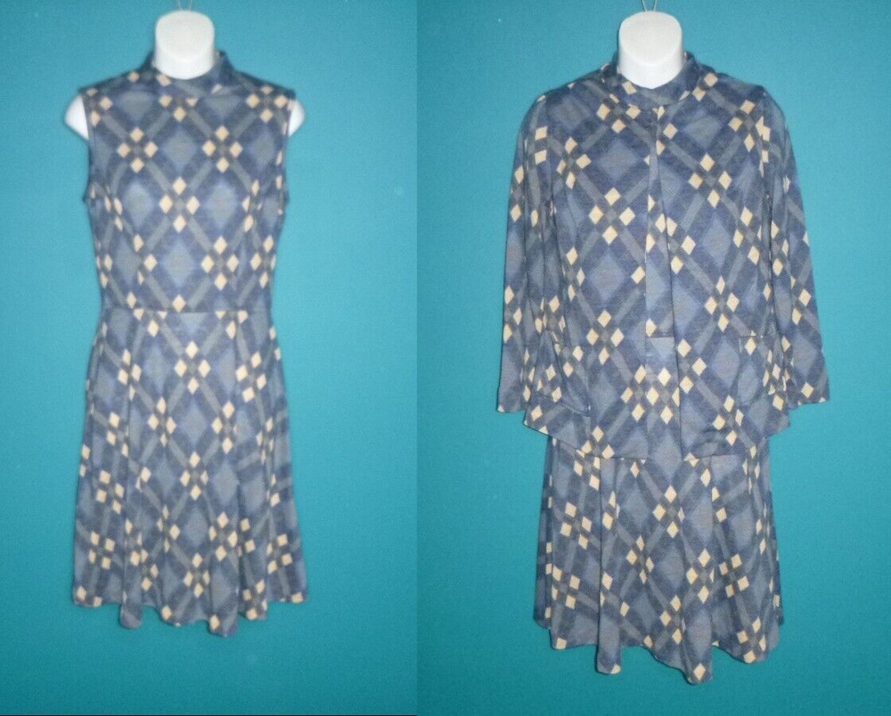 Vtg 60s Franklin Simon Knit Fit & Flare Dress W/ Cardigan Blue Argyle Sz S/M
