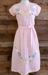 70s VTG Deadstock 100% Cotton Pink Mexican Dress w/floral Appliqués & Pintucking