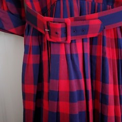 PRISTINE Vintage Gigi Young Linen Belted Pleated Shirtdress Checkered Red & Blue