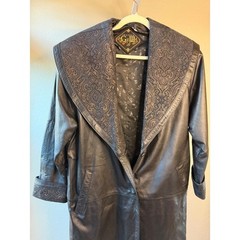 G-III Vintage Black Leather Trench Coat Paisley Tapestry Shawl Collar Medium