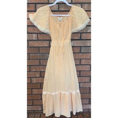 Vintage JCPenney Fashions Peach Prairie Midi Dress Lace Trim Angel Sleeve Boho