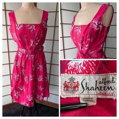 Vtg 1950s Alfred Shaheen Hand-Printed Pink Orchid Novelty Dress Hawaiian Tiki