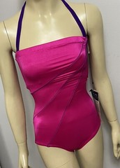 Vtg 80’s NWT Rose Marie Reid Rose Purple Stripe Accent Halter Swimsuit XS/S