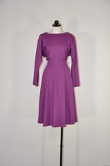70s Vintage Purple Wool Knit Jersey Puff Sleeve Belt Full Skirt Dress Women M L