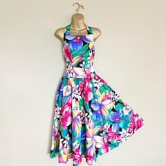 VTG 80s Tropical Floral Rockabilly Pinup Swing Halter Sun Dress Sz 8 Resortwear