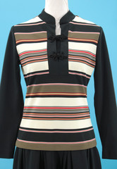 VTG Women’s 60s Black Cream & Red Striped Drop Waist Midi Dress Sz M 1960s