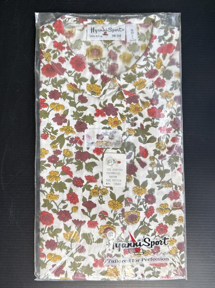 VINTAGE MCM HYANNI SPORT FLORAL BLOUSE ROLL SLEEVE SIZE 14/34