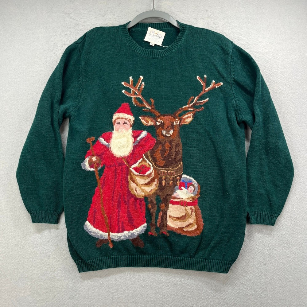 Susan Bristol Sweater Women M Green Santa Reindeer 1993 Hand Embroidered Vintage