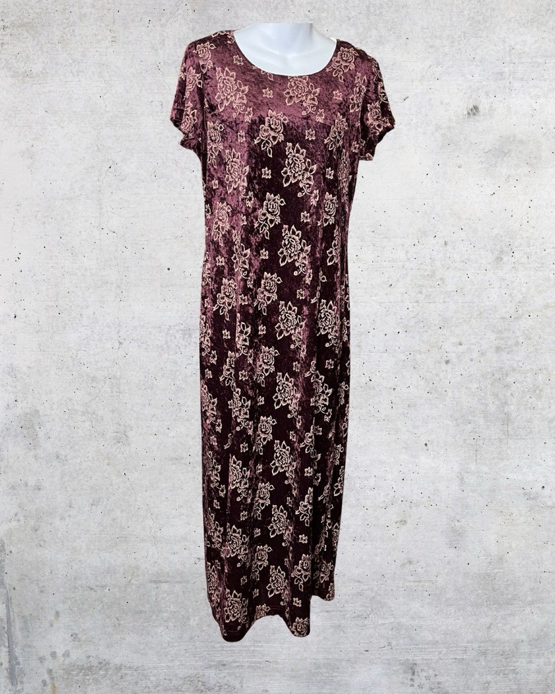 Vintage DBY Ltd Crushed Velvet Floral Dress Purple Short Sleeve 90s Size 11