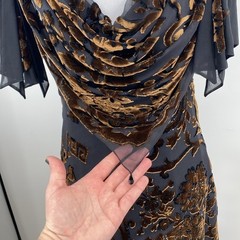 Vtg Barbara Katz Evening Dress Womens Sz 8 Black Brown Silk Maxi Burnout Velvet