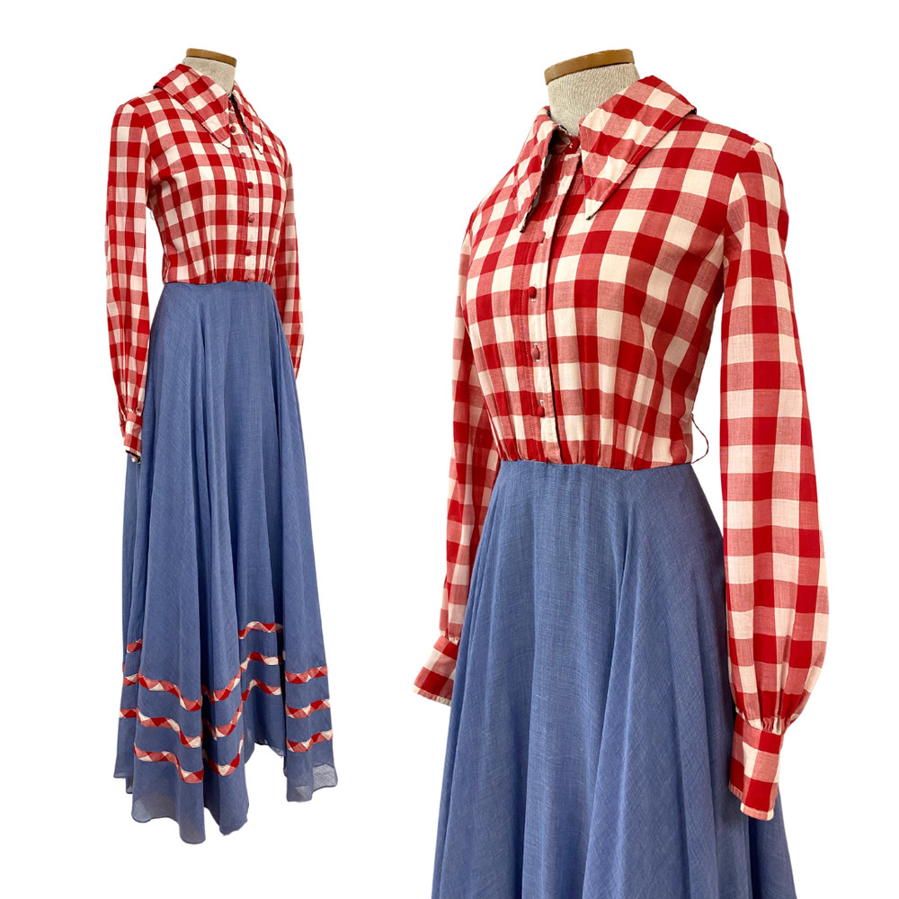 Vintage 1970s Roger Milot for Fred Perlberg Picnic Gingham Chambray Maxi Dress