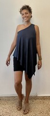 90s Vintage Boutique One shoulder asymmetric Navy Blue Long Blouse Top Dress M