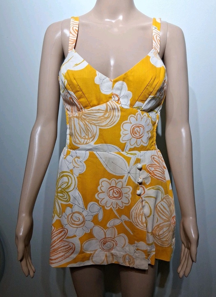 Kahala Vintage Yellow White Playsuit Bathing Swim Suit Made In Hawaii Size S