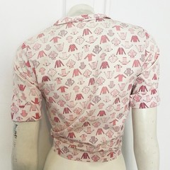 Vintage 1950s Pink White Novelty Print Cotton Crop Top Shirt Blouse Size XS