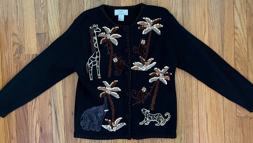 Vintage 1980s Lisa International Cardigan Sweater Sequin Jungle Animals Women M