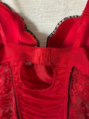 vintage y2k red lace playboy bustier camisole top with ruching, bows, & ruffles