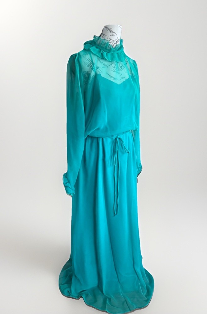 Vintage 70s House Of Bianchi Sheer Chiffon Teal Prairie Cottage Fairy Maxi Dress