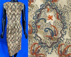 Vintage 1950s Paisley Gold Silk Damask Brocade Beaded Belted Sheath Wiggle Dress