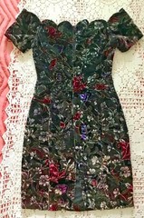 VINTAGE “STEPPIN’ OUT” OFF SHOULDER SHORT SLEEVE BLACK PRINT SIZE 5 DRESS USA