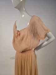 GLAMOUR 1930’S PEACH FLORAL SILK CHIFFON SLIP DRESS W HEAVILY RUCHED TOP