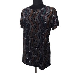 Vintage Beverly Rose Metallic Knit Daisy Wavy Striped Floral Top Short Sleeve L
