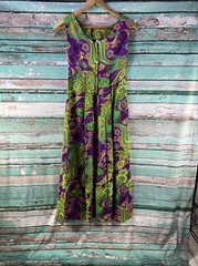 Vtg Karen Ann Hawaiian Maxi Psychedelic Print Bark Cloth Hostess Dress Neon