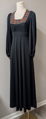 Vintage 70’s Empire California Holiday Jersey Maxi Boho Dress Tapestry Trim XS/S