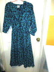 Vintage JB Too Shirt Waist Midi Dress Black Aqua Floral Sz 10 1980s