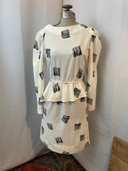 Black and White Graphic Dress 1980s New Wave Asymmetrical peplum back button M