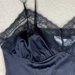 Blair Black Satin Lace Full Slip Boudoir Chemise Pin-up Witchy Lingerie 80s Lrg