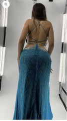 👉 Vintage Alyce Blue Beaded Evening Gown Size 6 Lace Up Back Floor Length Dress