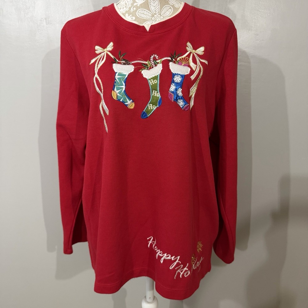 Vintage Ugly Christmas Shirt / White Stage / X-Large / Bows Stockings Embroidery