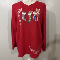 Vintage Ugly Christmas Shirt / White Stage / X-Large / Bows Stockings Embroidery