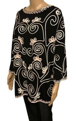 vtg MAGGIE BARNES Soutache Tunic Top 2X Black Stretch Knit Party/Cocktail
