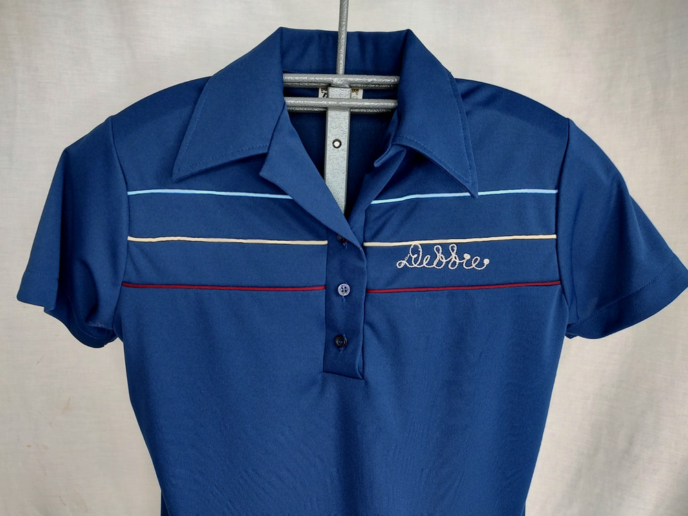 Vtg 80’s King Louie Womens Bowling Polo Shirt Debbie Chainstitch Sz 34 Med Blue