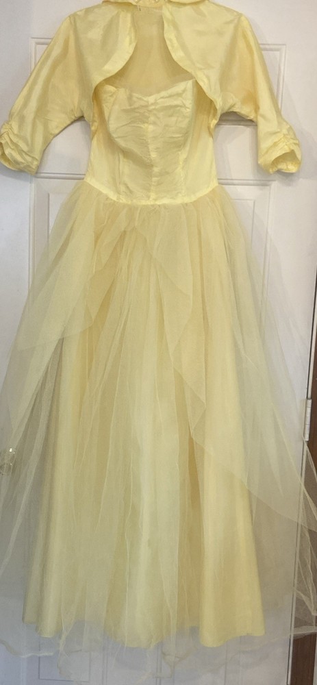 VTG’50s Custom Made Tulle/Yellow Satin ,Dress& jacket Cupcake Prom Party Size S