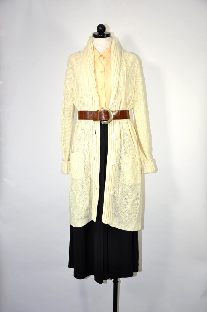70s Cream Fisherman Cable Knit Shawl Duster Long Cardigan Sweater Coat Women M L