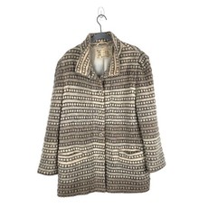 Vtg Hilda Ltd Cream Brown Wool Jacket L Striped Button Front Iceland Scandi