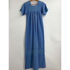 Vintage Mexican Hand Embroidered Huipil Maxi Dress Blue Cotton Boho Ethnic M