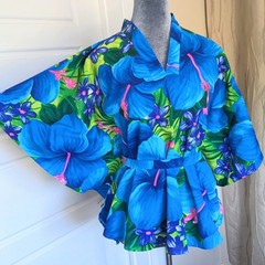 Vintage 70s Pomare Hawaii Belted Kimono Caftan Top L Blue Neon Hibiscus Floral