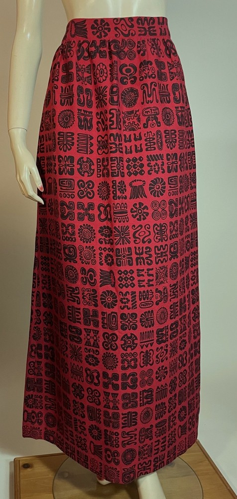 1960s Vintage Harwood Steiger “Tokens” Red Black Fabric Home Sewn Maxi Skirt M