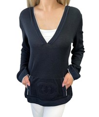 CHANEL Sport Vintage 09P CC Logo Knit Top #42 Hoodie Dark Blue Silver Rayon