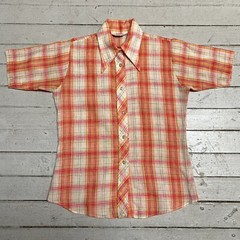 VTG 1970s MISS FASHIONALITY Pink Orange Plaid Loose Weave Short Sleeve Shirt MED