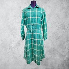 Vintage Sears The Shirtdress Teal Green Plaid Button Down Midi Dress 13/14 i69