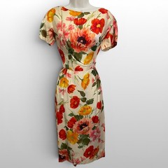 Vintage 1950s Fabiola David Barr Silk Floral Wiggle Dress XS